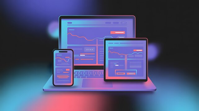 Modern digital devices displaying data and charts with neon lighting