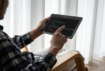 Software development programming on computer screen for modish application and program coding