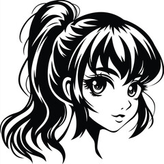Attractive anime girl presents a striking monochromatic portrait, showcasing flowing hair and big eyes