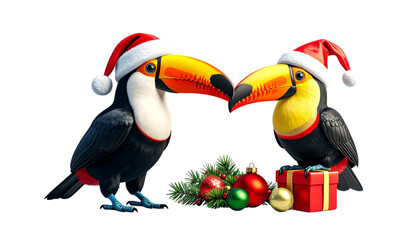 Cute Christmas toucan pair in Santa suit isolated on transparent background
