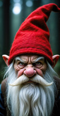 A grumpy gnome with a long white beard, pink nose, and large red pointed hat glares intensely at the camera from a blurry forest background.