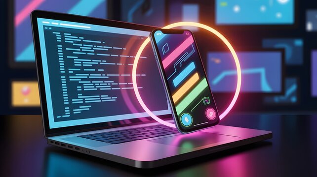 Modern technology concept with laptop coding and smartphone in neon circle