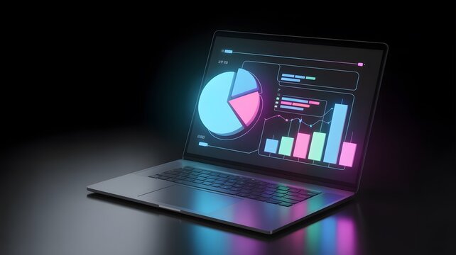 Laptop displaying glowing digital financial charts and graphs with neon lighting
