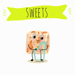 Tasty nougat, turkish delight, Halva confection, funny characters, hand drawn vector illustration.