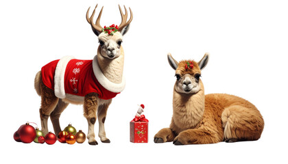 Cute Christmas vicu&ntilde;a pair in Santa suit isolated on transparent background