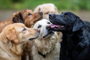 Group of wet labrador retriever dogs playing together