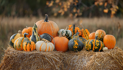 Bountiful Autumn Harvest Display: Assortment of vibrant pumpkins and gourds piled high on a rustic hay bale in a field. Seasonal abundance