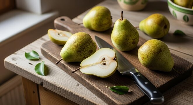 Freshly Cut Pears on Wooden Cutting Board, Culinary Delight and Healthy Eating Themes
