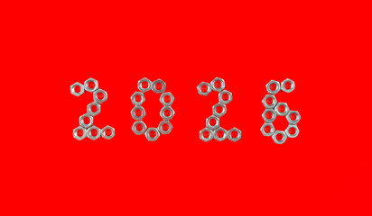Number 2026 by metal nuts on a red background. 2026 year