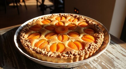 Freshly Baked Apricot Tart in Sunlight Showing Delicious Crust and Appealing Visuals