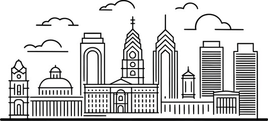 The iconic skyline of Philadelphia, Pennsylvania, is depicted in this line art illustration.