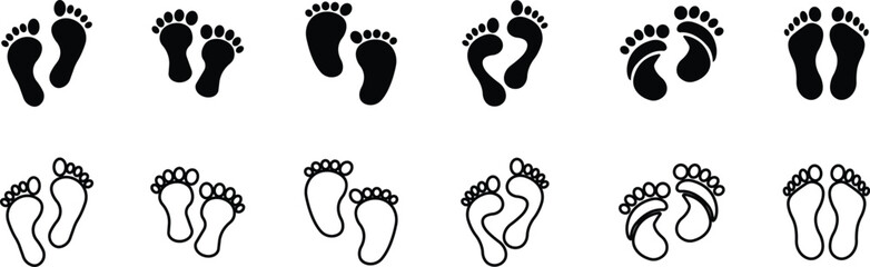 Footprint and shoe print icon set, collection, and group in black flat and line style, including barefoot, boot, sneaker, trail, and walking track symbols, perfect outline and silhouette vector