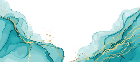 Luxurious Abstract Watercolor Background with Flowing Teal and Golden Ink Textures, Capturing Elegant Fluid Dynamics and Modern Artistic Sophistication for Premium Design Projects