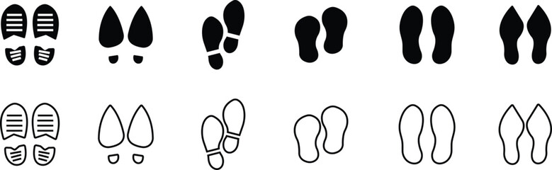 Footprint and shoe print icon set, collection, and group in black flat and line style, including barefoot, boot, sneaker, trail, and walking track symbols, perfect outline and silhouette vector