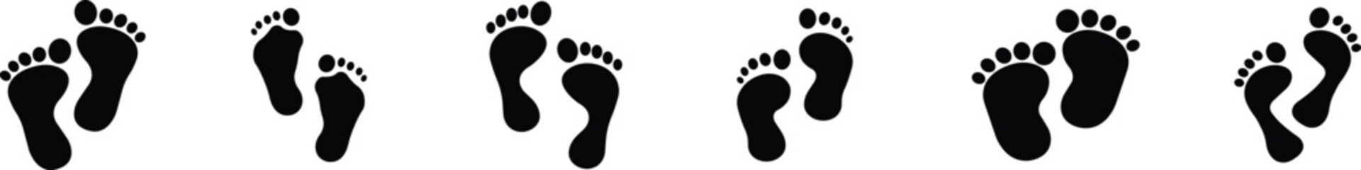 Footprint and shoe print icon set, collection, and group in black flat style, including barefoot, boot, sneaker, trail, and walking track symbols, perfect outline and silhouette vector