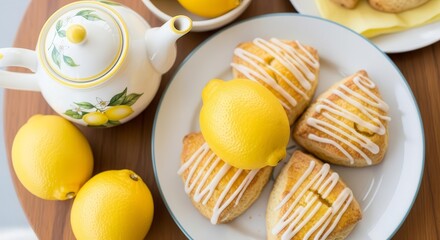 Freshly Baked Lemon Scones Served With A Decorative Teapot And Yellow Lemons