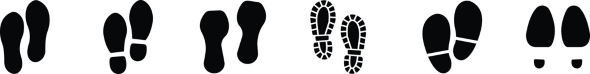 Footprint and shoe print icon set, collection, and group in black flat style, including barefoot, boot, sneaker, trail, and walking track symbols, perfect outline and silhouette vector