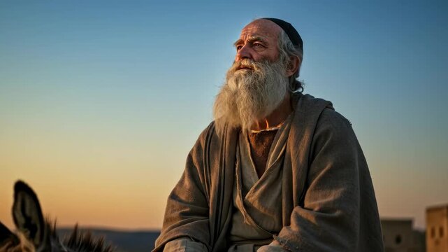 Old testament man riding on a donkey on a journey, with changing expressions and spiritual reflections along the way, religious footage.