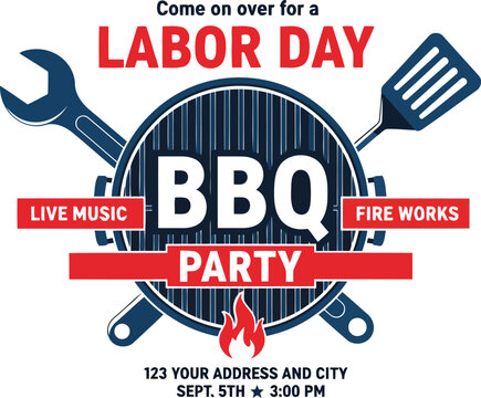 Labor day bbq party invitation with tools and fire graphics