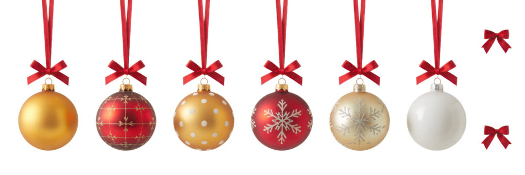 A collection of red, gold and clear Christmas baubles hanging from red ribbon and bow with snowflake glitter patterns on them isolated against a transparent background
