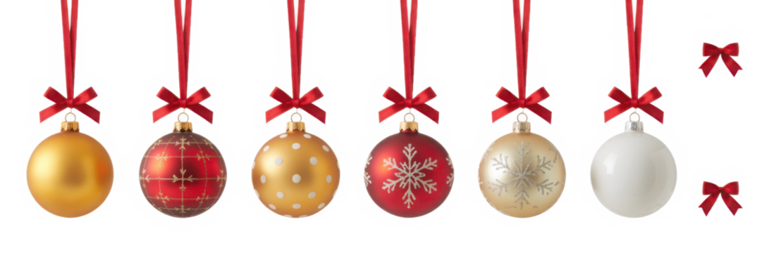 A collection of red, gold and clear Christmas baubles hanging from red ribbon and bow with snowflake glitter patterns on them isolated against a transparent background