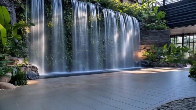 Indoor waterfall nature water feature garden landscape design tranquil relaxing zen beautiful
