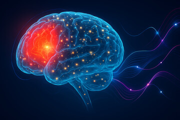 Human brain with illuminated neural pathways showcasing advanced technology neuroscience research and artificial intelligence medical innovation design