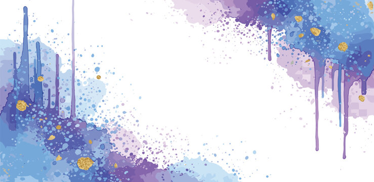 Elegant abstract banner with vibrant blue and purple watercolor splashes, drips, and golden glitter details on a clean white background