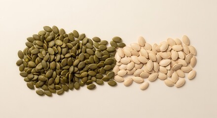 Freshly Collected Pumpkin Seeds Displayed in Contrasting Colors on a Smooth Surface