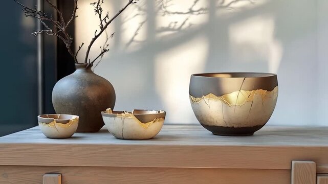 Kintsugi pottery art japanese repair gold bowl vase ceramic broken traditional zen wabi sabi culture