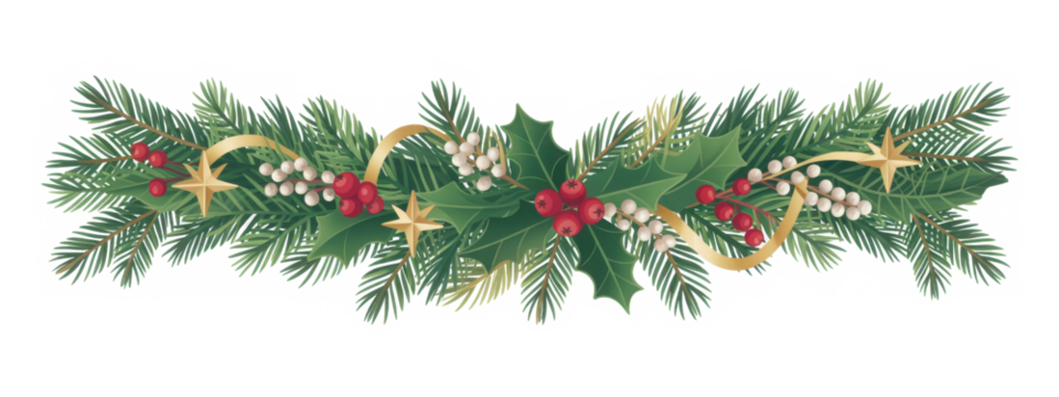 Seamless decorative christmas border with coniferous branches and garlands of christmas lights and ornaments
