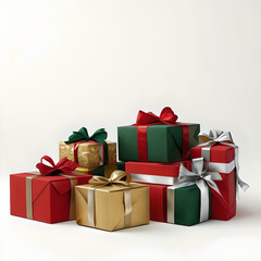 Fototapeta premium Classic Holiday Gift Pile: Large stack of Christmas presents wrapped in red, green, and gold with elegant ribbons, isolated on a clean white background