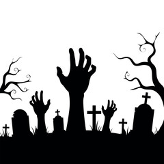 Halloween zombie hands rising from a graveyard silhouette vector illustration
