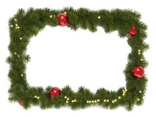 Christmas wreath with glowing Christmas lights. Christmas tree decoration. Holiday fir tree garland. Festive winter season frame, realistic spruce branches. Transparent background in vector file