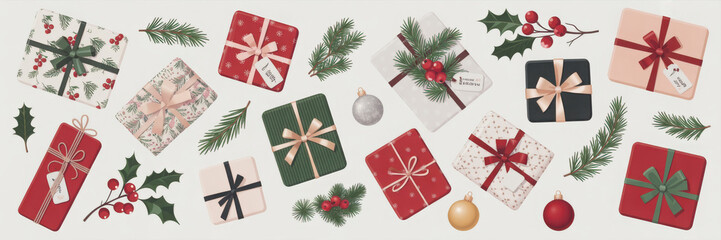 Merry christmas and happy new year element vector. Collection drawing of holly berry plant, flower, gift, christmas bauble ball, pine leaves. Design suitable for banner, invitation, decoration.