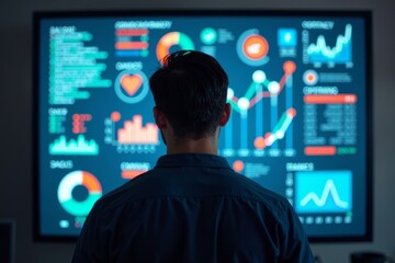 Marketer Poses in Front of Massive Screen Showing SEO and Social Media Analytics