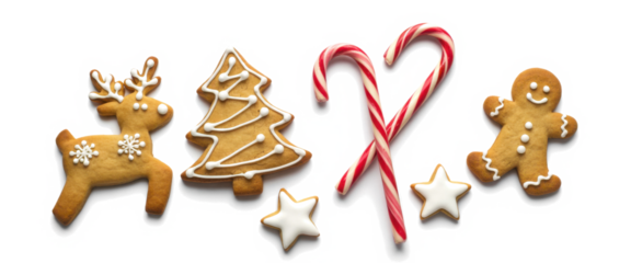 Christmas design element on transparent background with transparent shadow. Isolated Christmas sweet Candy Cane and gingerbread ginger men. Flat lay, top view