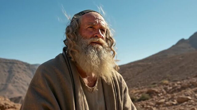 Old prophet man riding a donkey through a desert landscape in biblical times, ancient Israel journey, historical religious footage.