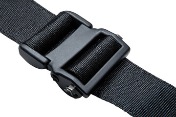 Close-up of a black nylon strap with a durable buckle