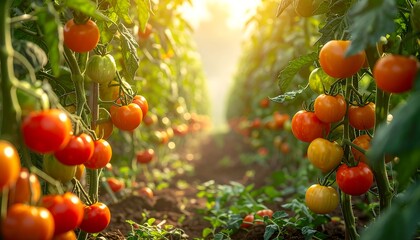 Rows of ripe, red tomatoes growing in a greenhouse, bathed in sunlight