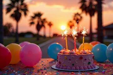 Enchanting Birthday Celebration: Sparkling Cake with Balloons and Sunset Backdrop