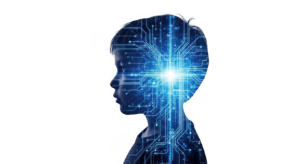 Silhouette of a childs head with digital circuit brain isolated on transparent background