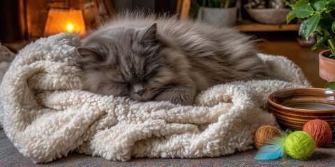 Fluffy persian cat sleeping peacefully on cozy blanket with warm lighting