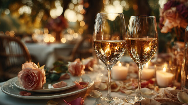 Romantic candlelight dinner setting with wine glasses and flowers for Valentine’s Day - Powered by Adobe