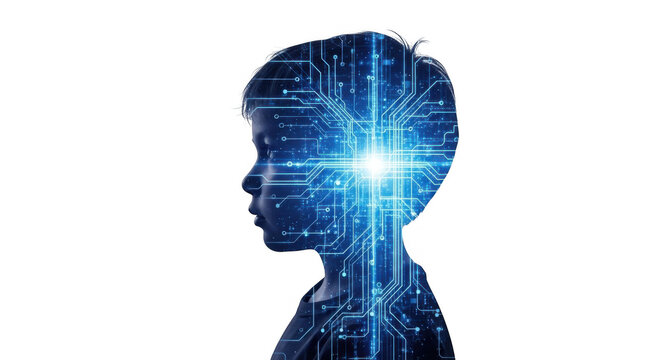 Silhouette of a childs head with digital circuit brain isolated on transparent background - Powered by Adobe