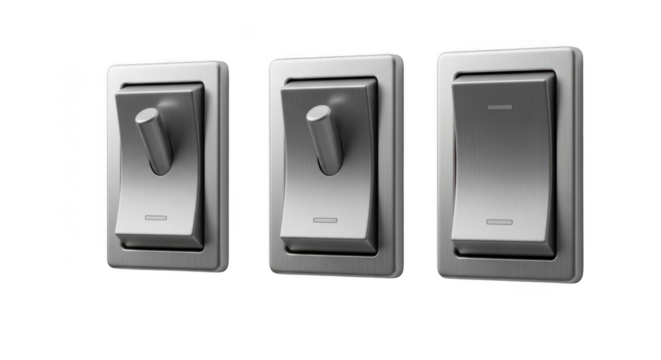 Three modern light switches, isolated on transparent background