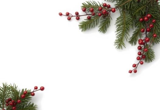 Green Christmas pine twigs and red berries of winterberry Holly in a corner arrangements isolated on white or transparent background