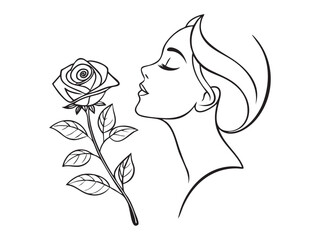 Minimal Woman Line Art with Rose . Elegant Face One Line Drawing