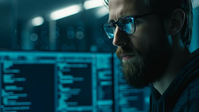 Focused programmer working on sophisticated technology in a modern workspace with a digital interface