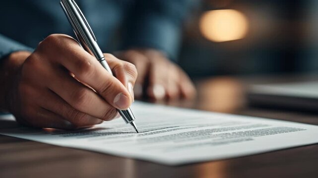 Hand writing on a document with a silver pen in a professional setting